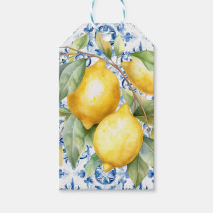 Blue and white Italian watercolor tile and lemons Gift Tags