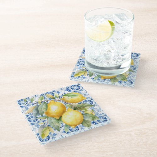 Blue and white Italian watercolor tile and lemons Glass Coaster