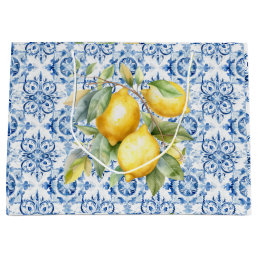 Blue and white Italian watercolor tile and lemons Large Gift Bag