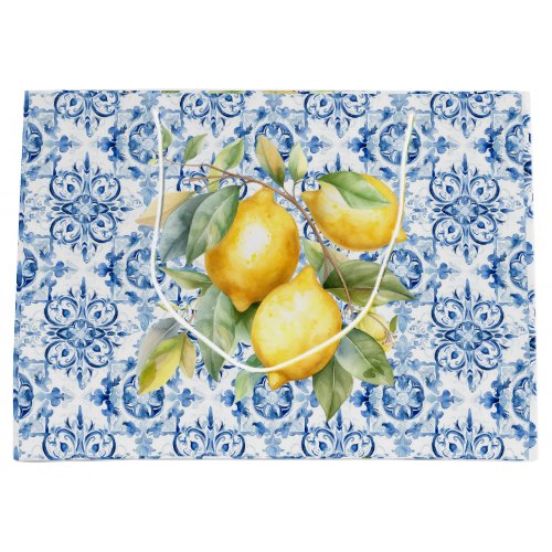 Blue and white Italian watercolor tile and lemons Large Gift Bag