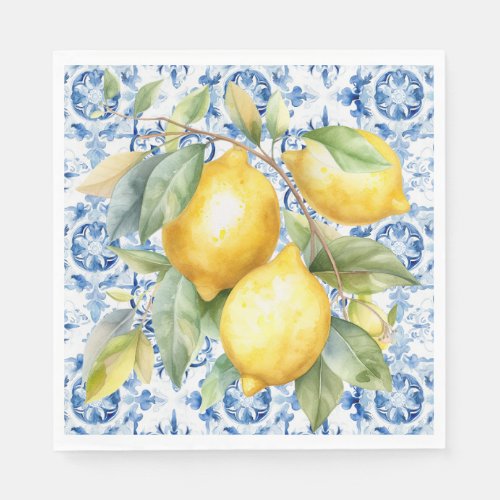 Blue and white Italian watercolor tile and lemons Napkins