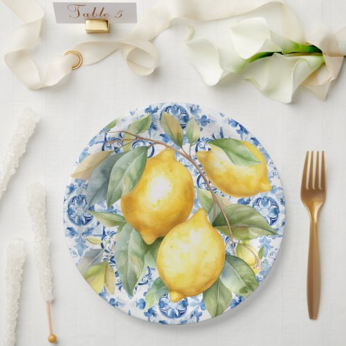 Blue and white Italian watercolor tile and lemons Paper Plates