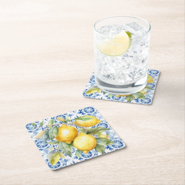 Blue and white Italian watercolor tile and lemons Square Paper Coaster (Insitu)