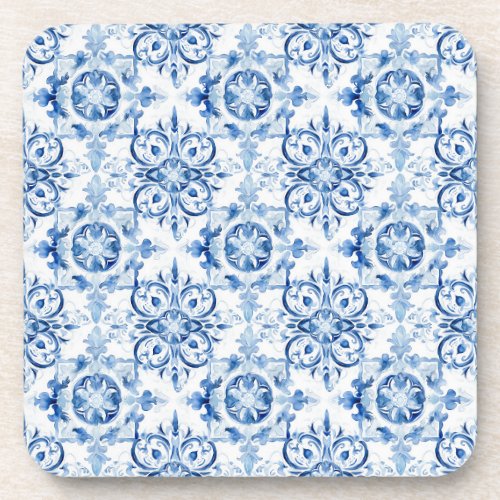 Blue and white Italian watercolor tile pattern Beverage Coaster