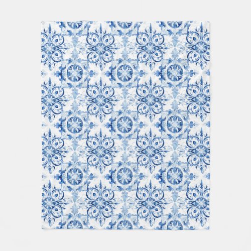 Blue and white Italian watercolor tile pattern Fleece Blanket