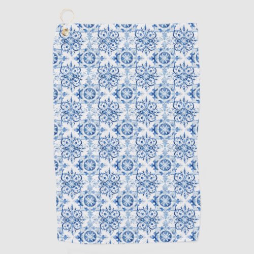 Blue and white Italian watercolor tile pattern Golf Towel