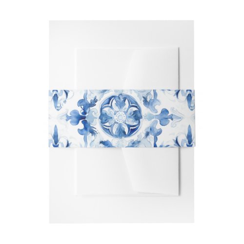 Blue and white Italian watercolor tile pattern Invitation Belly Band