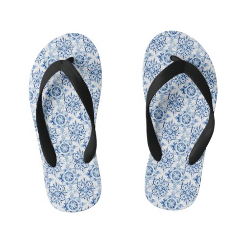 Blue and white Italian watercolor tile pattern Kids Flip Flops