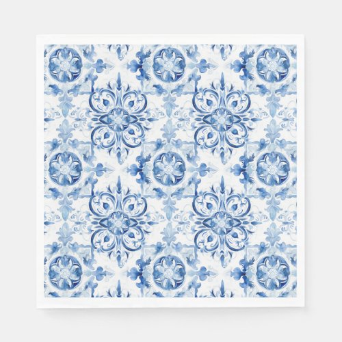 Blue and white Italian watercolor tile pattern Napkins