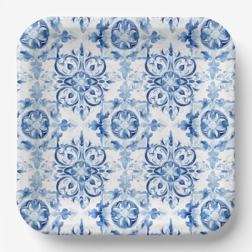Blue and white Italian watercolor tile pattern Paper Plates