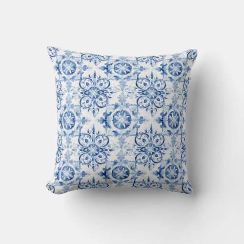 Blue and white Italian watercolor tile pattern Throw Pillow