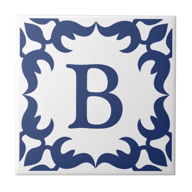 Blue and White Jade Scroll Frame Monogram Ceramic Tile (Front)