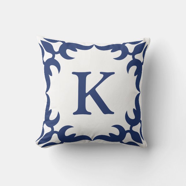 Blue and White Jade Scroll Frame Monogram Throw Pillow (Front)