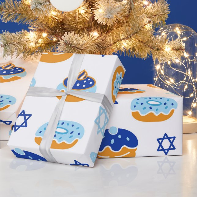 Blue and White Jelly Donut Hanukkah Wrapping Paper (Holidays)