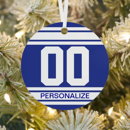 Blue and White Jersey Stripe Sport Colors Metal Ornament