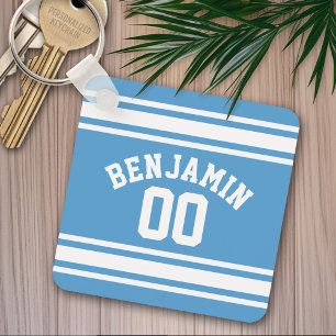 Blue and White Jersey Stripes Custom Name Number Keychain