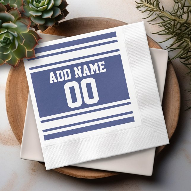 Blue and White Jersey Stripes Custom Name Number Napkins (Custom Party Napkins)