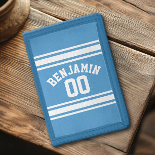 Blue and White Jersey Stripes Custom Name Number Trifold Wallet