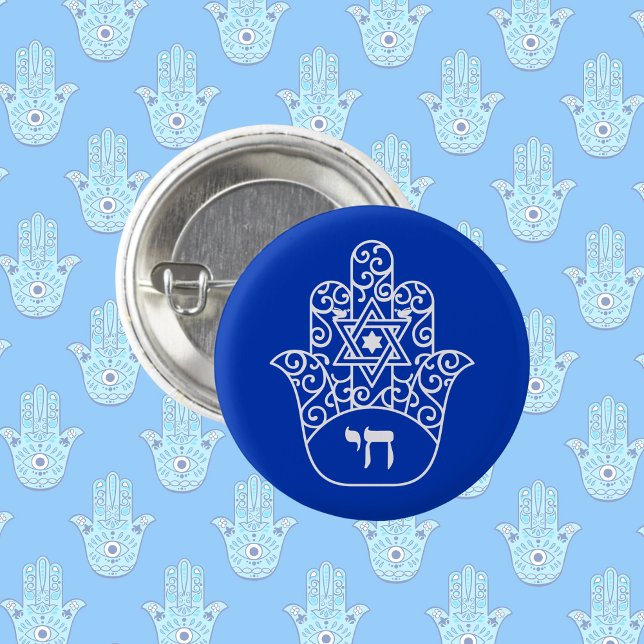 Blue and White Jewish Chai Hamsa Star of David  Button (Creator Uploaded)