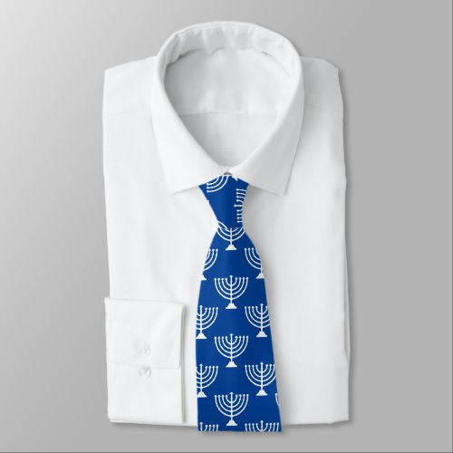 Blue and white Jewish menorah pattern neck tie
