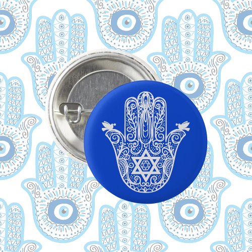 Blue and White Jewish The Hand of Miriam Hamsa  Button