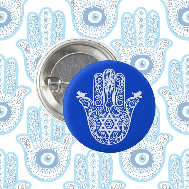 Blue and White Jewish The Hand of Miriam Hamsa  Button (Creator Uploaded)