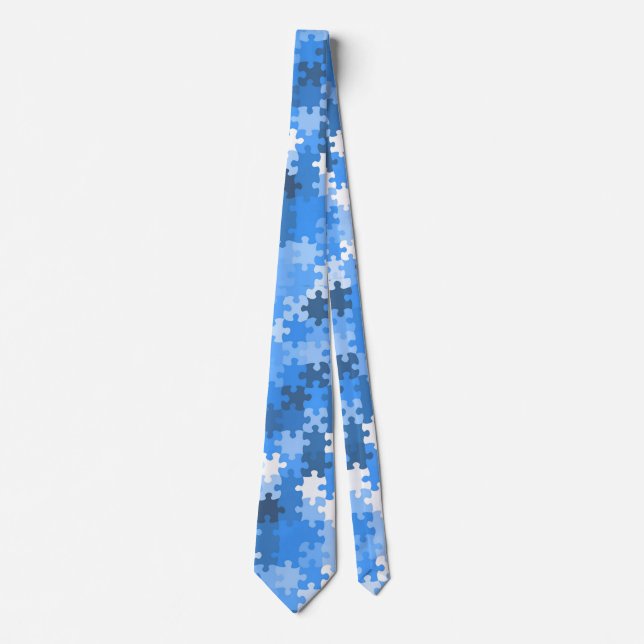 Blue and White Jigsaw Puzzle Pieces Neck Tie (Front)