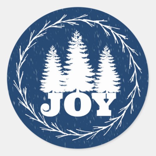 Blue and White Joy Christmas Trees Holiday Classic Round Sticker
