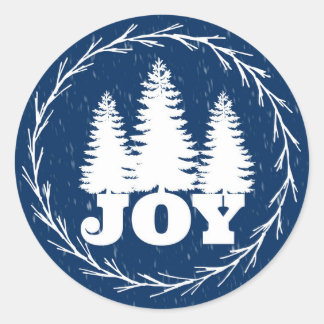 Blue and White Joy Christmas Trees Holiday Classic Round Sticker