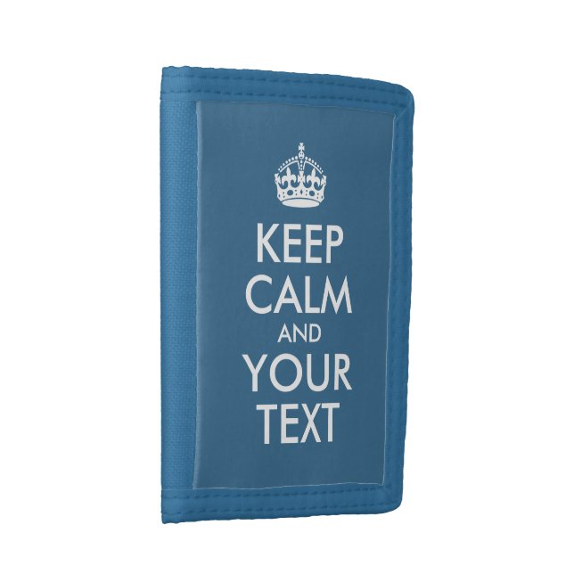 Blue and White Keep Calm and Your Text Trifold Wallet (Side)