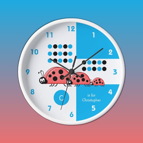 Blue and white kids ladybirds with name clock