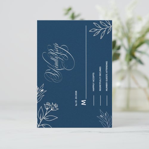 BLUE AND WHITE KINDLY REPLAY CALLIGRAPHY SCRIPT  RSVP CARD