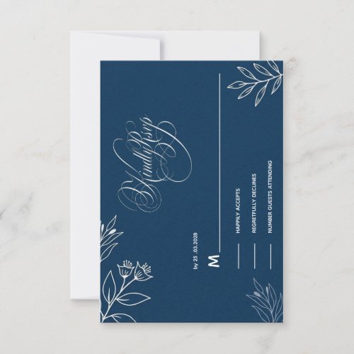 BLUE AND WHITE KINDLY REPLAY CALLIGRAPHY SCRIPT  RSVP CARD