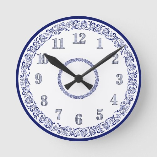 Blue and White Kitchen Wall Round Clock