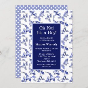 Blue and white Koi baby shower Announcement