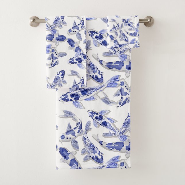 Blue and white Koi Bath Towel Set (Insitu)