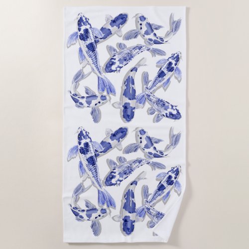 Blue and white koi beach towel