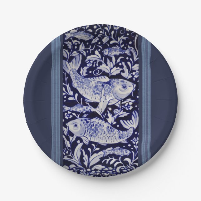 Blue and White Koi Fish Elegant Dining Paper Plates (Front)