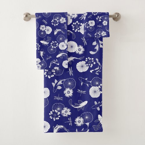 Blue and White Koi Fish in Lotus Pond Pattern Bath Towel Set