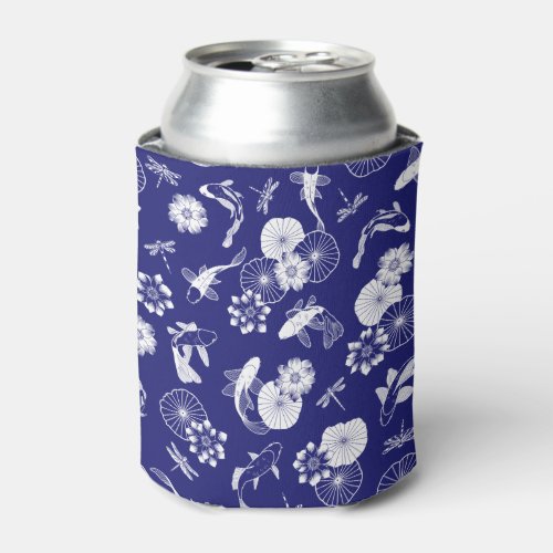 Blue and White Koi Fish in Lotus Pond Pattern Can Cooler