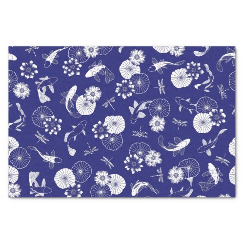 Blue and White Koi Fish in Lotus Pond Pattern Tissue Paper
