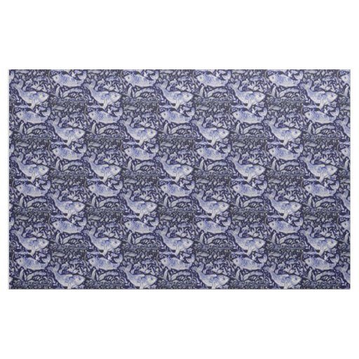 Blue and White Koi Fish Indigo Intricate Fabric