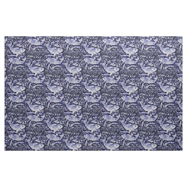 Blue and White Koi Fish Indigo Intricate Fabric (Yard)