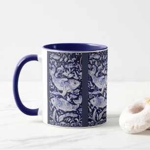 Blue and White Koi Fish Indigo Intricate Tile Mug