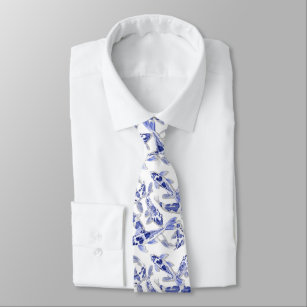 Blue and white koi neck tie