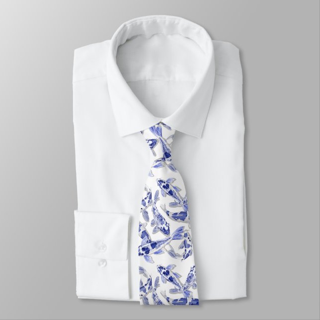 Blue and white koi neck tie (Tied)