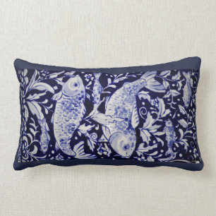 Blue and White Koi Pond Ceramic Tile Design Pillow