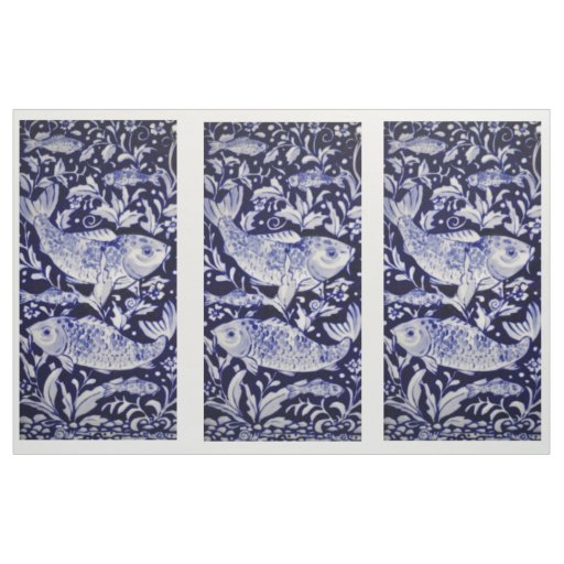 Blue and White Koi Pond Tile Design Fabric Panels