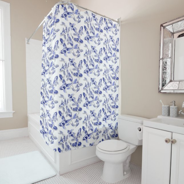 Blue and white Koi Shower Curtain (In Situ)