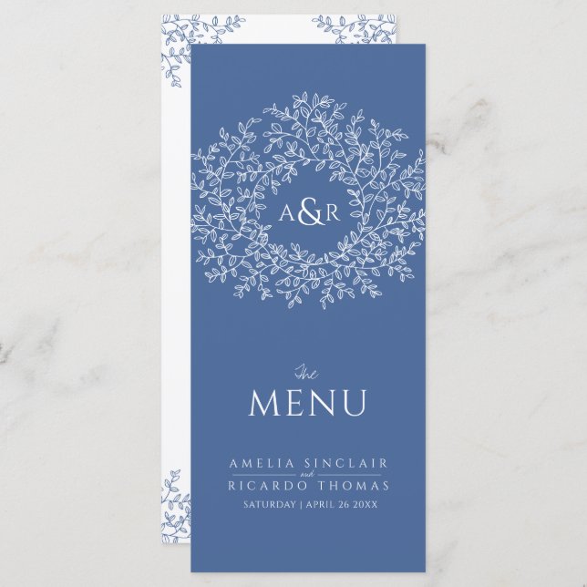 Blue and white leaf drawing monogram wedding menu (Front/Back)